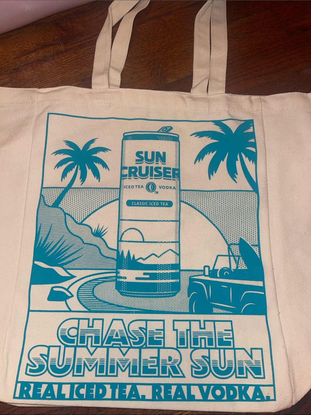 Suncruiser Cream Tote Bag with Teal Graphic